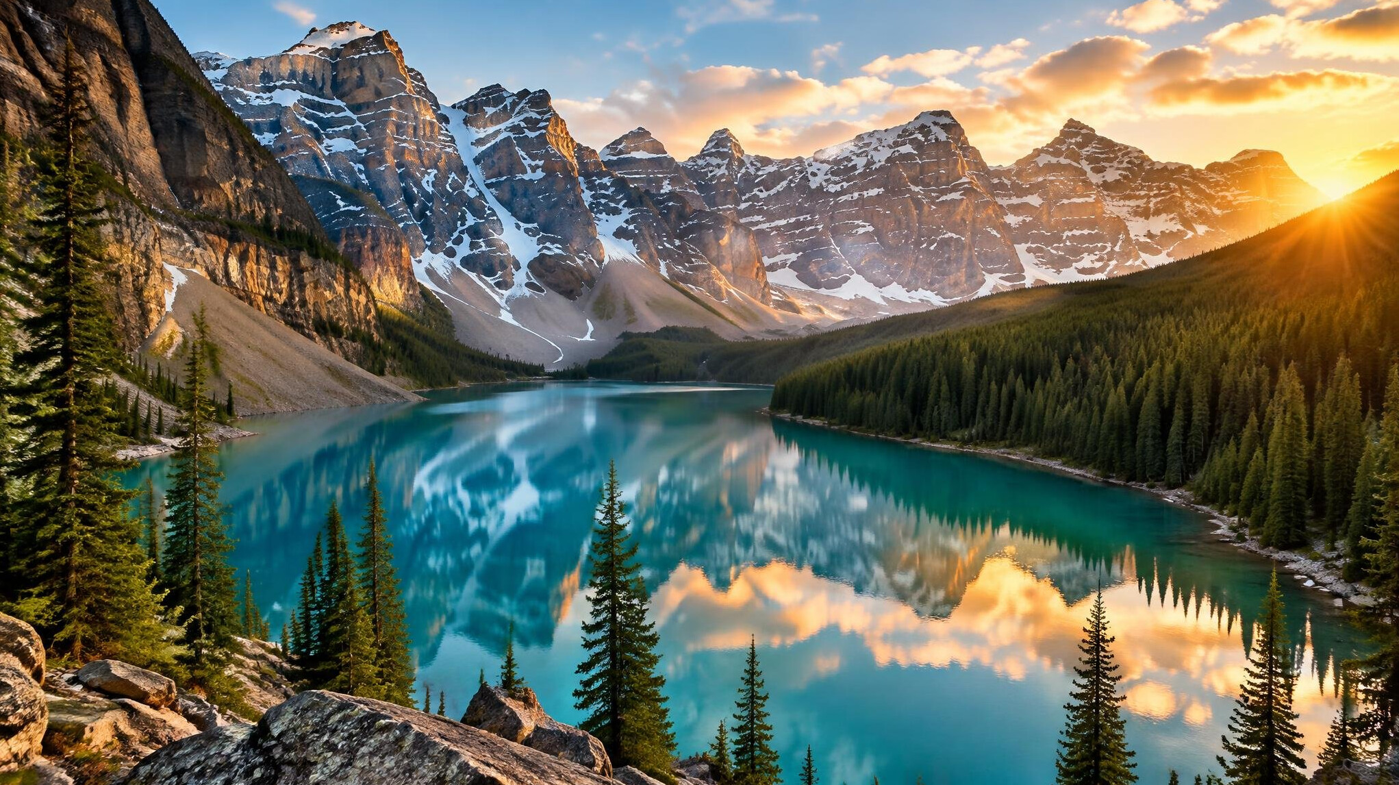 Aerial view of a turquoise glacial lake surrounded by pine forest and mountains in Banff National Park, Canada, golden hour light