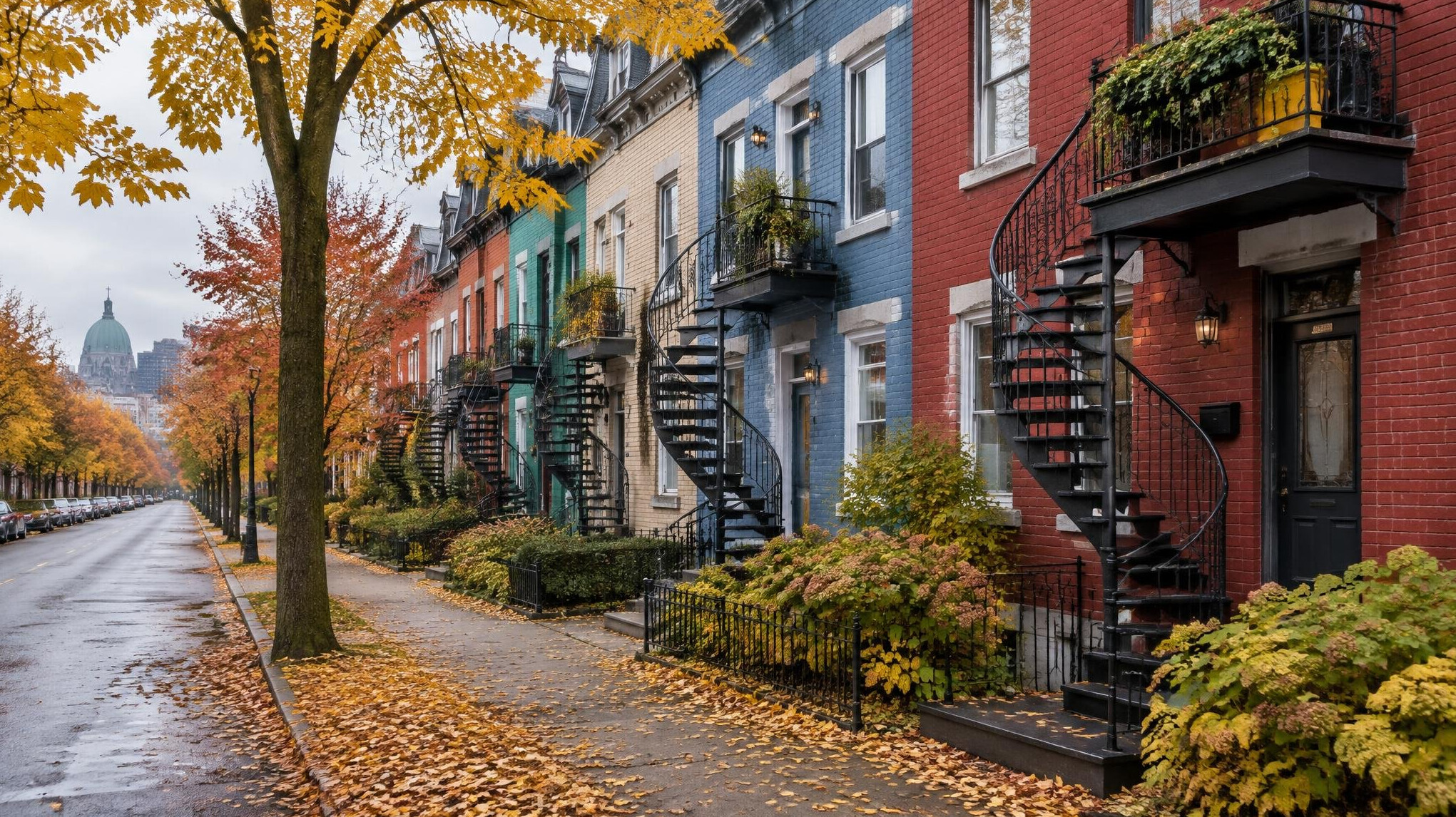 Colorful row houses along a Montreal street in autumn