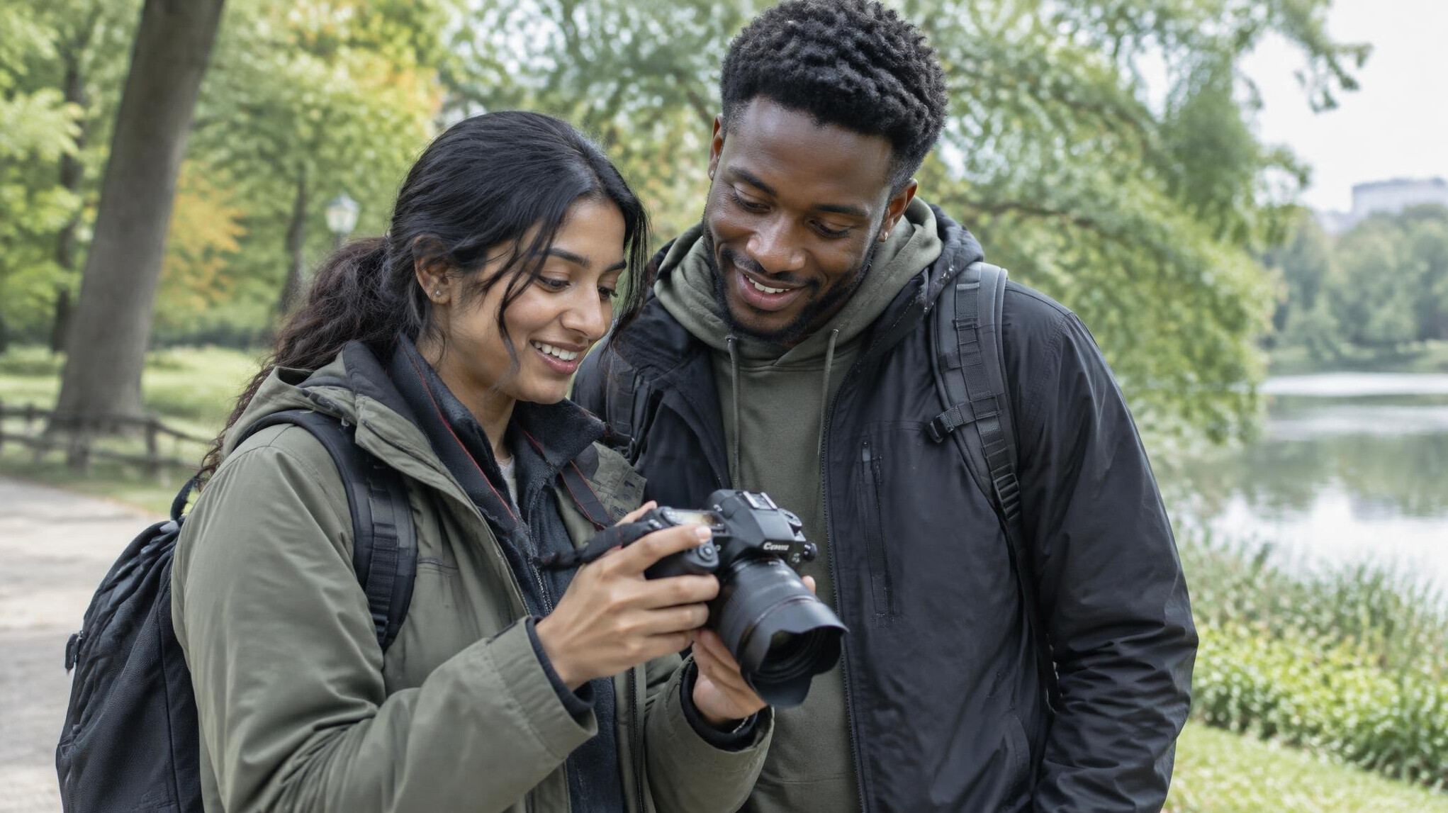 Two photographers reviewing photos together on a camera screen outdoors